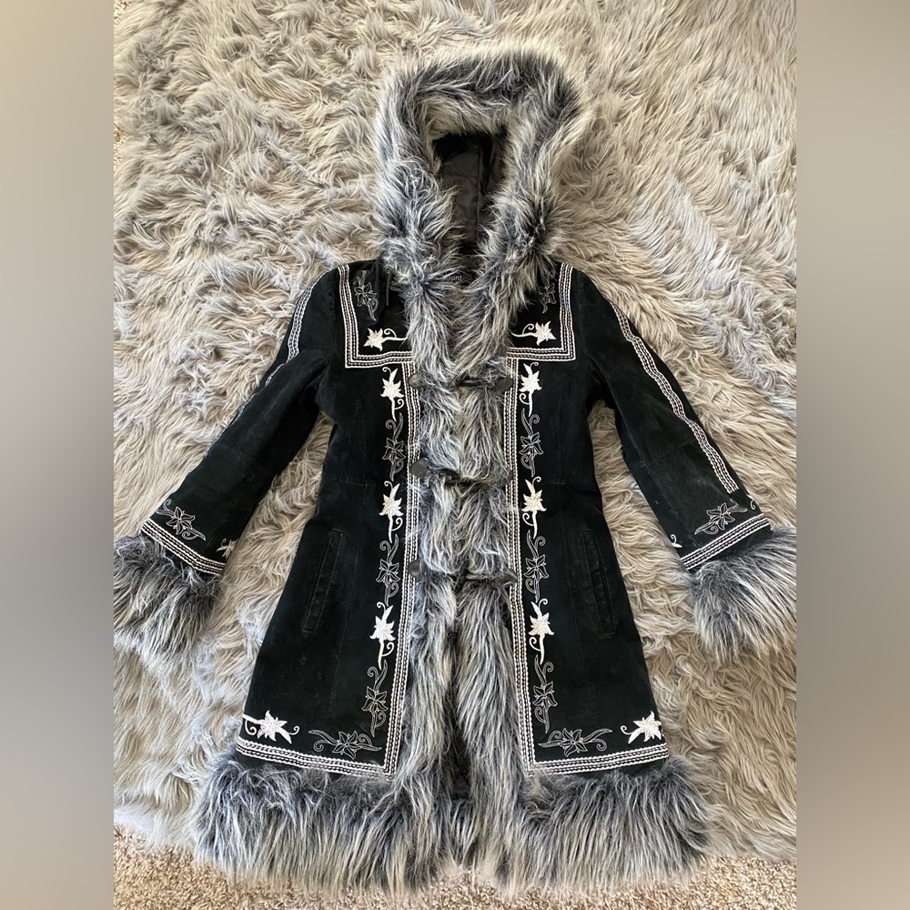 Vintage Taunt Suede Embroidered Coat, Faux Fur, Medium